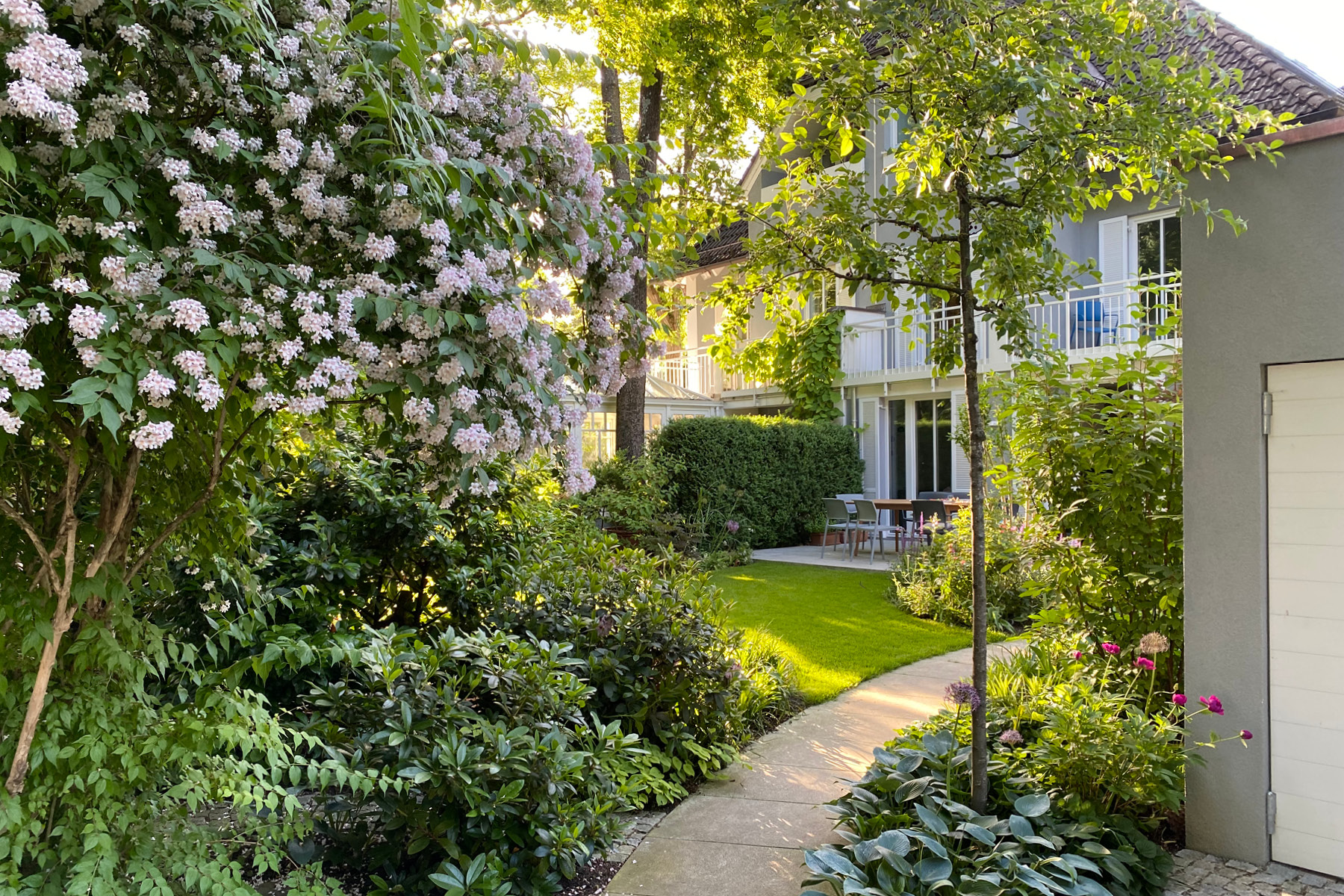 Blick in den Garten, im Vordergrund eine blühende Kolkwitzia amabilis und ein Malus Hybride `Red Sentinel‘.